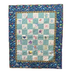 Kids Draw For Kids Ocean Life Fish Shark Turtle Print Quilt Blanket 57" x 48"
